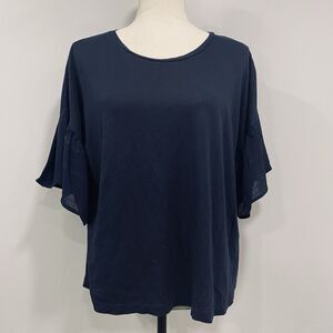 BANANA REPUBLIC S Cotton Modal Knit Boxy Top Preppy Navy Sheer Ruffle Sleeve